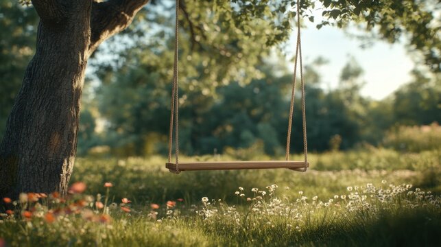 Wooden swing swaying gently from a sturdy oak tree in a sunlit meadow full of wildflowers and greenery - Powered by Adobe
