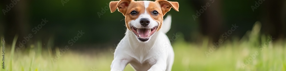 Poster a dog is running in a field with its mouth open. the dog appears to be happy and enjoying itself