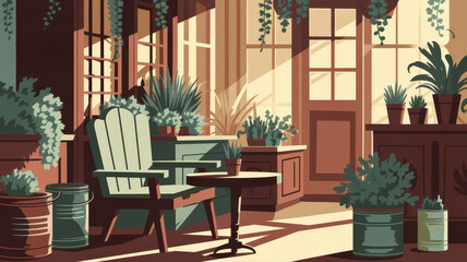 Cozy indoor garden with sunlight streaming through windows and potted plants