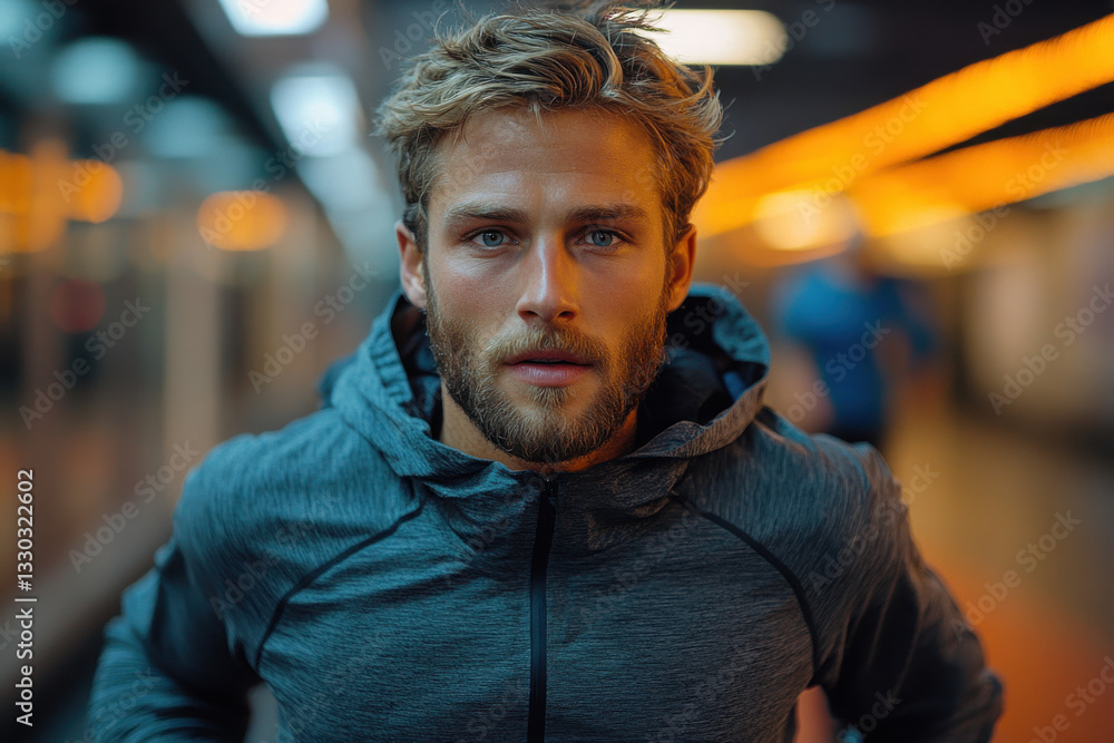 Poster a man with a beard and a hoodie is running in a subway station