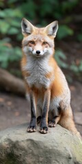 Fototapeta premium A fox is sitting on a rock in a forest. The fox is looking at the camera and he is curious