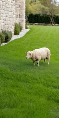 Obraz premium A white sheep is standing in a lush green field. The sheep is grazing on the grass, and the field is surrounded by a stone wall. The scene is peaceful and serene