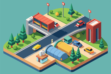 A toll road layout featuring vehicles, service facilities, and green landscapes in a colorful isometric style, Toll road Customizable Isometric Illustration
