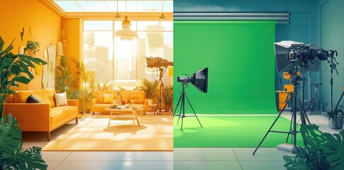 A modern studio is split between a living room and green screen