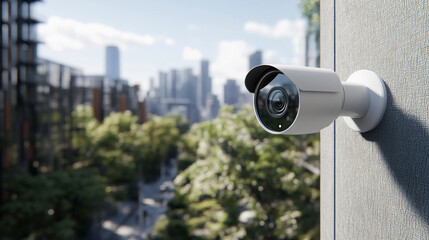 A modern security camera mounted on a building, overlooking a cityscape with greenery and urban structures in the background.