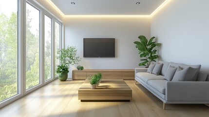 Fototapeta premium A minimalist modern living room with a light gray sofa and wooden coffee table, set against soft white walls