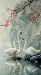 Three mute swans,painting