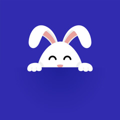Blue background with illustration of cute rabbit peeking