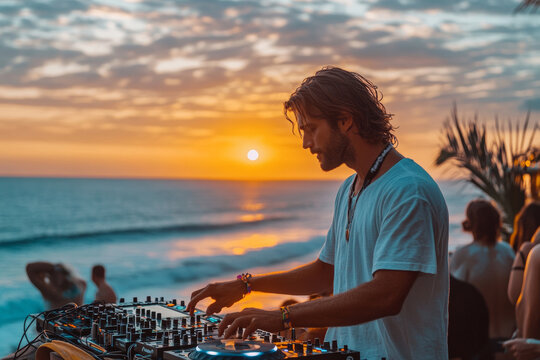 A DJ spins in front of an energetic crowd on the beach as the sun sets over the ocean. Tropical vibes fill the air, creating an electrifying atmosphere for partygoers