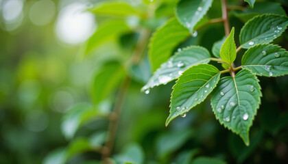 Fresh green leaves with rain droplets in wet forest backdrop, nature's vitality