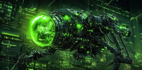 Obraz premium A complex mechanical futuristic structure with glowing green details