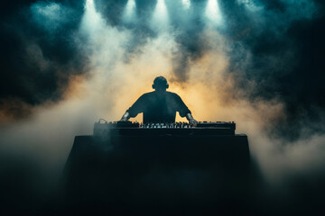 A DJ captivates the crowd as they mix tracks, surrounded by thick fog and striking lights at a vibrant techno music event late at night. The atmosphere is electrifying