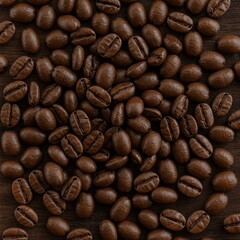Naklejka premium A detailed top-down view of roasted coffee beans scattered randomly across a dark, rustic wooden surface