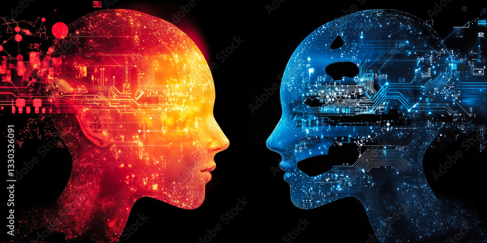 Aufkleber digital faces symbolizing global ai rivalry with red and blue technological elements representing te