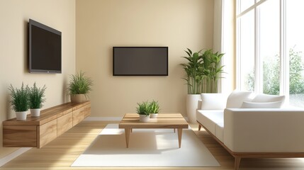 A minimalist modern living room with soft beige walls, wooden furniture, and light oak flooring