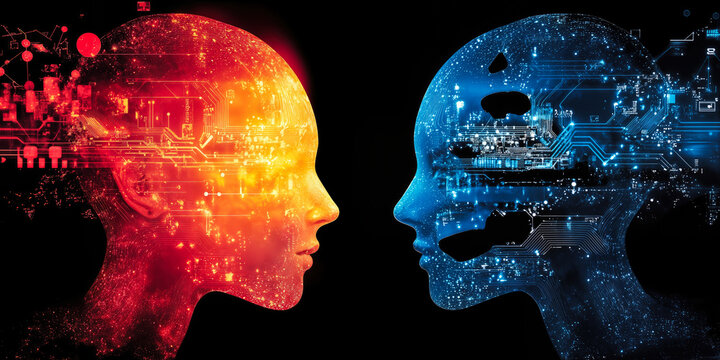 Digital Faces Symbolizing Global AI Rivalry with Red and Blue Technological Elements Representing Tech Competition