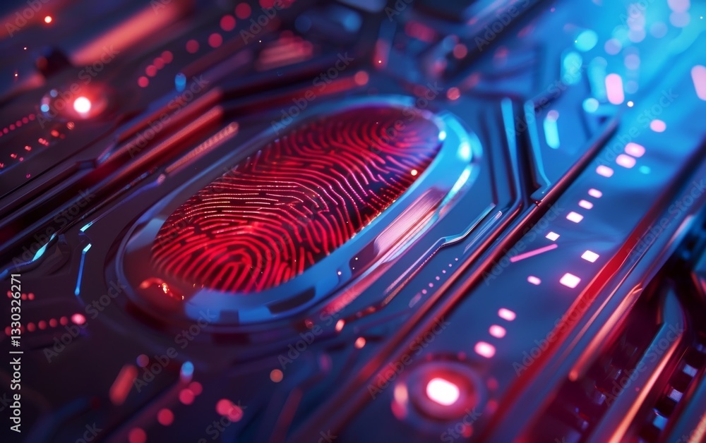 Aufkleber a detailed view of a red fingerprint on blue circuitry, representing the integration of biometrics a