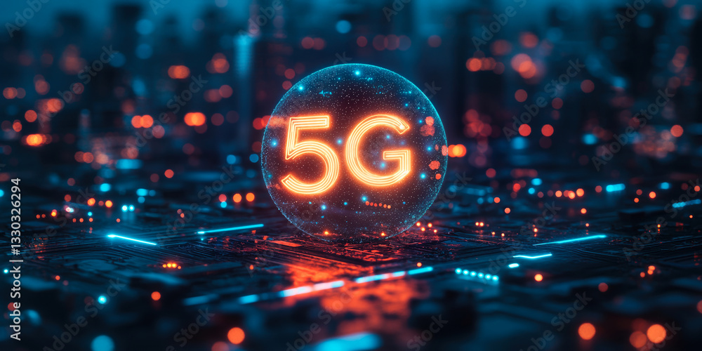 Poster futuristic 5g digital symbol with neon holographic effect on circuit board background in 3d renderin