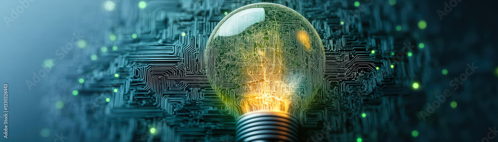 Poster illuminated light bulb integrating with green circuit board representing innovative eco-friendly tec