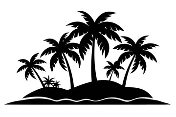 island with palm trees line art silhouette vector illustration