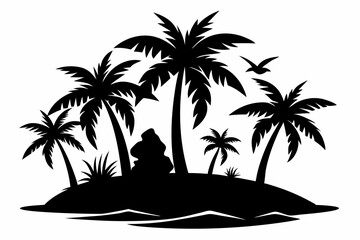 island with palm trees line art silhouette vector illustration