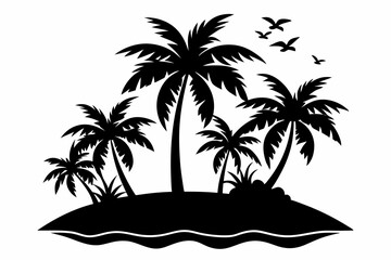 island with palm trees line art silhouette vector illustration