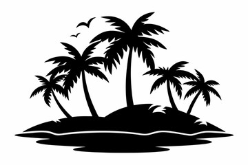 island with palm trees line art silhouette vector illustration