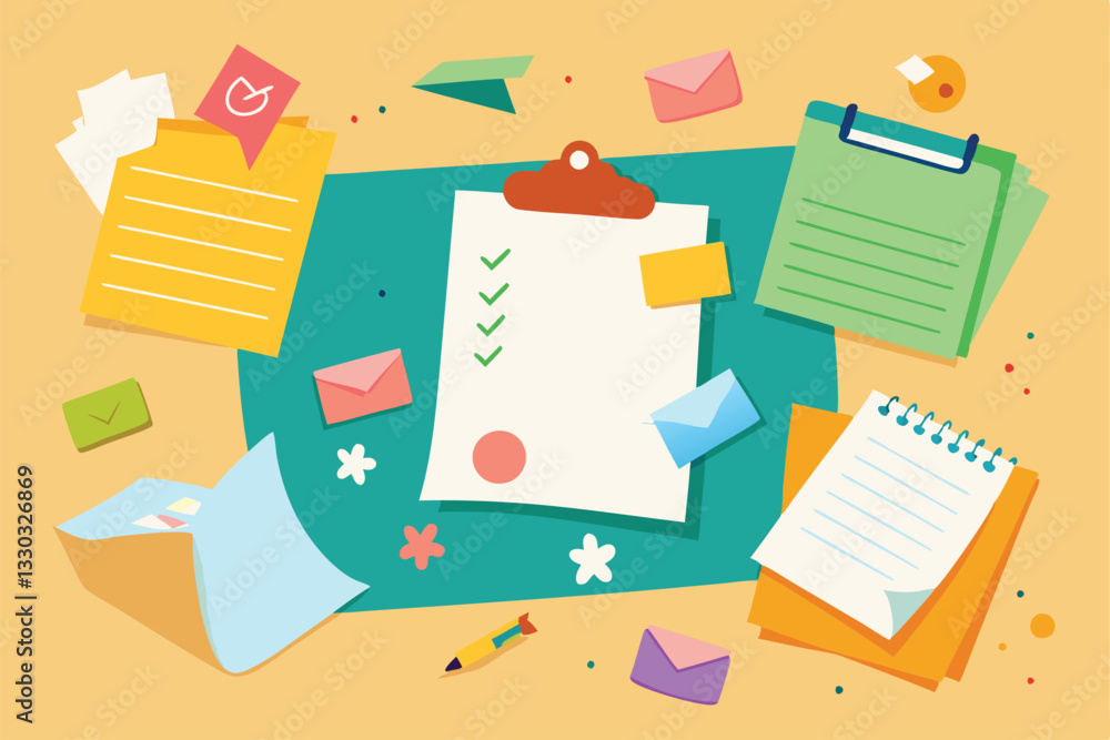 Poster a torn notepaper displays a meeting reminder along with scattered memos and notes on a vibrant backg