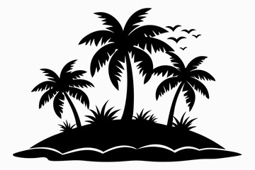 island with palm trees line art silhouette vector illustration