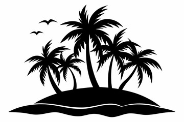 island with palm trees line art silhouette vector illustration