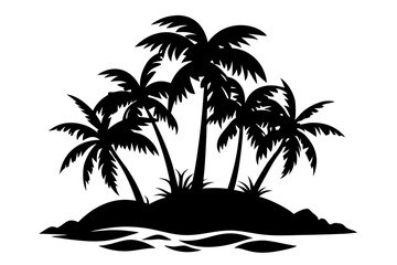 island with palm trees line art silhouette vector illustration