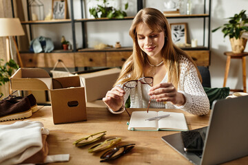 Young woman engages in sustainable lifestyle by sorting and donating clothes creatively