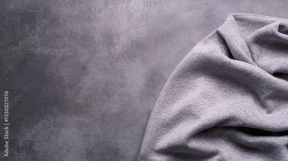 Poster Gray fabric rests on a textured gray surface creating a simple contrast of materials and a neutral color palette in the composition.