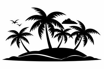island with palm trees line art silhouette vector illustration