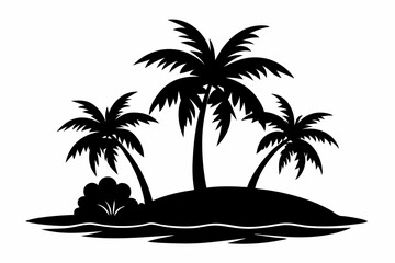 island with palm trees line art silhouette vector illustration