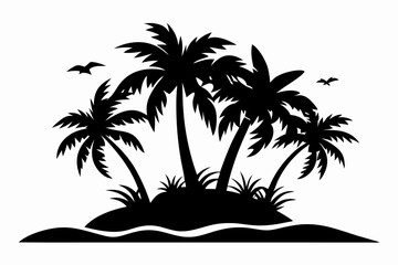 island with palm trees line art silhouette vector illustration