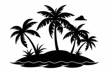 island with palm trees line art silhouette vector illustration
