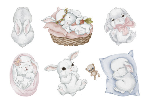 Watercolor Sleeping Newborn Bunnies Set. Cute White Baby Rabbits In Cozy Sleeping Poses. For Baby Shower Invitations,  Nursery Decor, Patterns And Children&rsquo;s Apparel.
