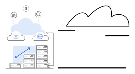 Cloud over server stacks with arrows showing scalability. Icons representing users, security, and global connectivity. Ideal for data storage, scalability, cloud technology, security, networking