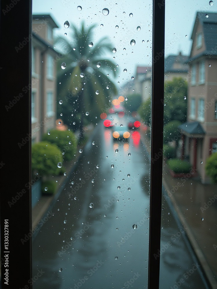 Poster Raindrops Hit Different Surfaces With A Soothing Sound, While Water Flows Down Windows And Glass In A Visually Appealing Display.