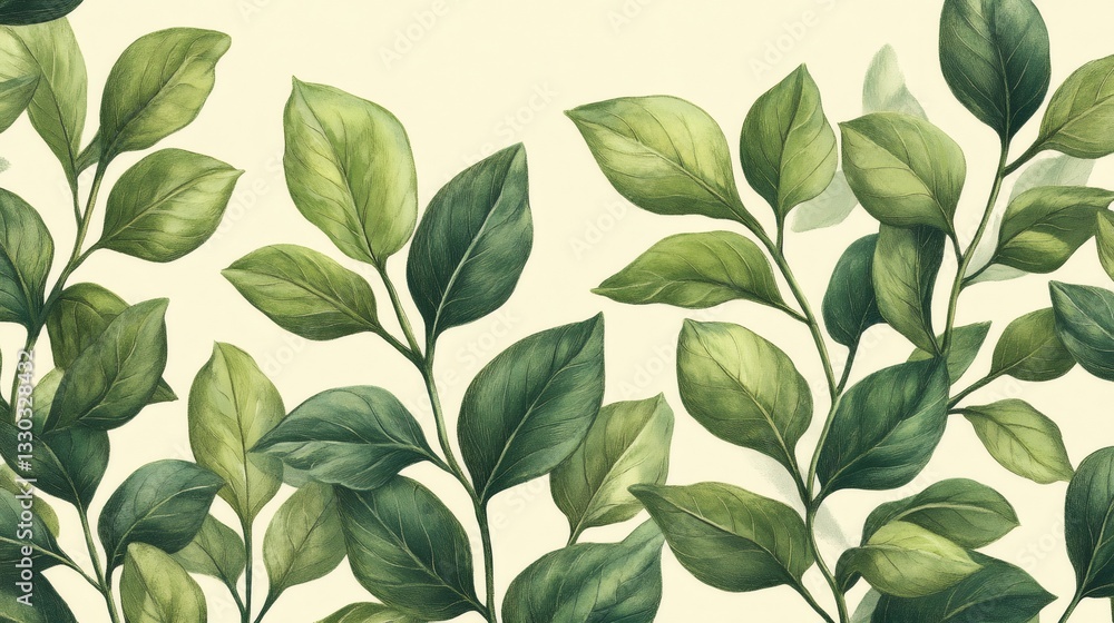 Poster green leaves branches creating a natural pattern on light yellow background