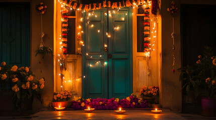 Obraz premium Beautifully decorated front door for Diwali, with glowing diyas, string lights, and flower garlands 16:9 - Image #2 @fme39856