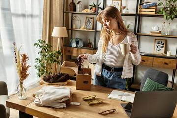 Young woman embracing sustainable living while sorting clothes for donation