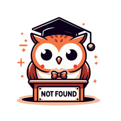 Scholarly owl with "Not Found" desk in academic vector style. Ideal for educational websites and library error page illustrations.