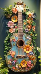 Fototapeta premium A Floral Guitar Artistically Decorated With Colorful Ornamental Blossoms
