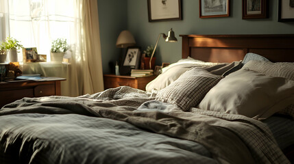 Bed with clean linens and pillows in a cozy indoor setting 16:9 - Image #1 @fme39856