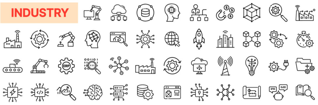 Industry & Manufacturing Icon Set – Smart Factories, Automation, Robotics, Industrial Technology, Supply Chain, Production Processes