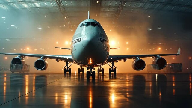 Majestic Airplane in Hangar: A Nighttime Aviation Scene