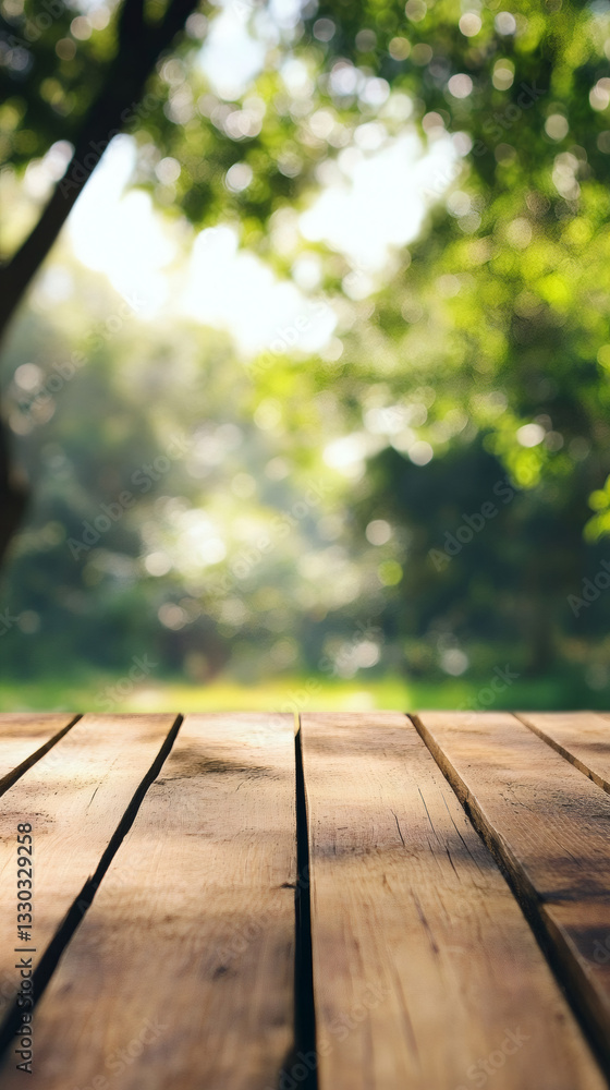 Poster rustic wooden surface with soft-focus park scenery, offering elegant backdrop for product staging an