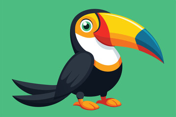 Fototapeta premium A cheerful cartoon toucan with a vibrant beak poses against a lively green backdrop, exuding playfulness, Toucan bird in cartoon style